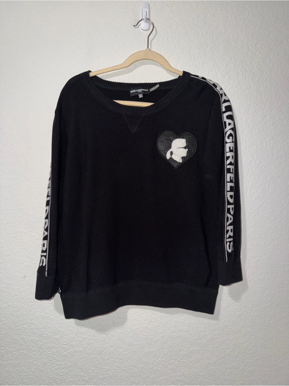 Karl Lagerfeld Black Crewneck Pullover Sweater with White Logo Heart